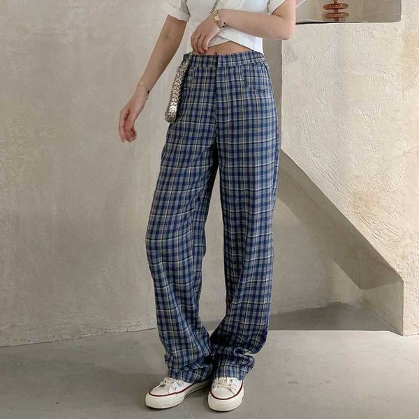 

mozuleva summer casual high waist loose straight plaid pants for women ladies button wide leg trousers female solid pants 210706, Black;white