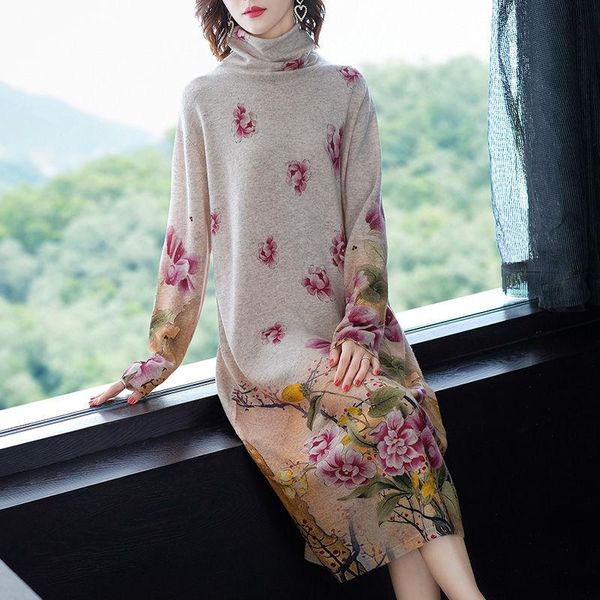 

casual dresses women winter turtleneck sweater dress female elegant floral print knitting vintage long sleeve loose z760, Black;gray