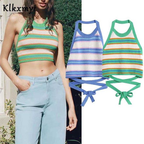 

klkxmyt za women stripe knitted corset crop woman halter neck summer backless sleeveless female tank s 210527, White
