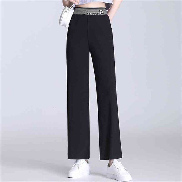 

summer casual korean fashion womens capris all match elastic high waist ankle-length pantalones ice silk wide-leg straight, Black;white