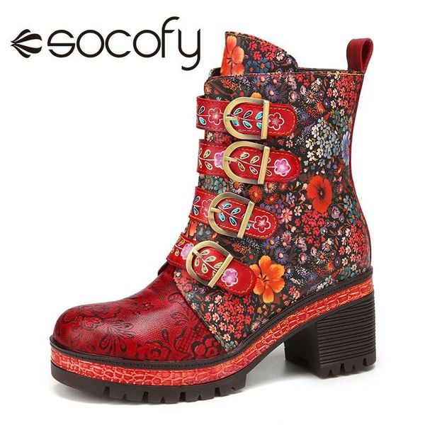 

boots socofy women leather retro style genuine floral metal buckle warm flannel platform ankle shoes 2021 winter, Black