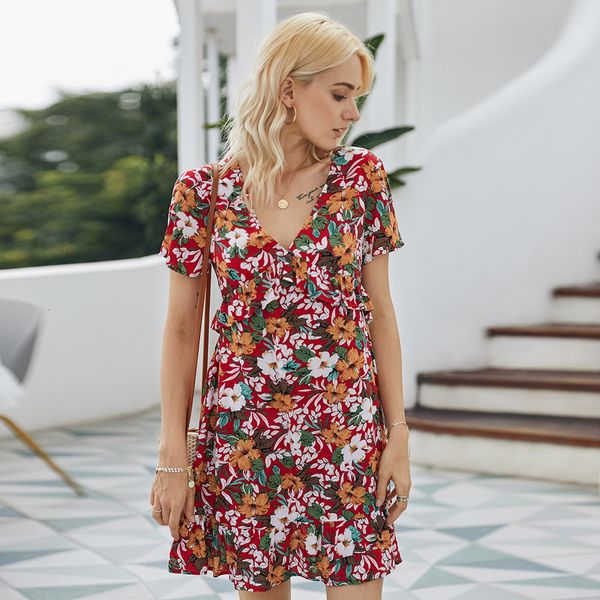 

2021 new summer cotton print women casual ruffles short sleeve v-neck above knee mini n4l8, Black;gray