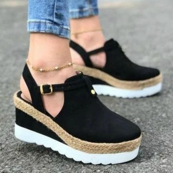 

dress shoes fashion women sandals flock platform wedge heel ankle buckle strap non slip sole lightweight casual ladies female, Black