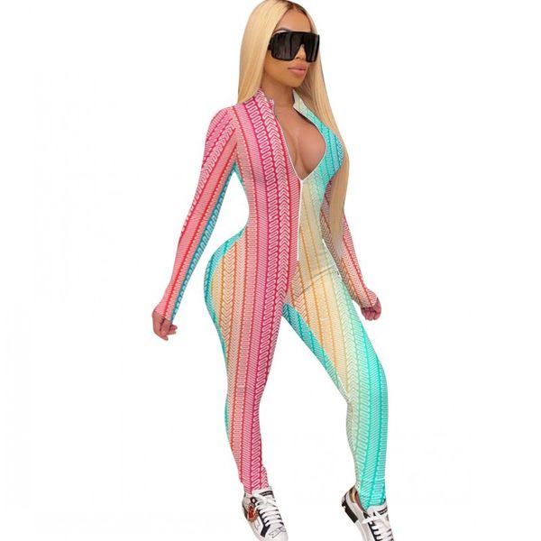 

casual streetwear women's zipper long sleeve bodysuits rainbow stripes printed sports overalls cq72, Gray