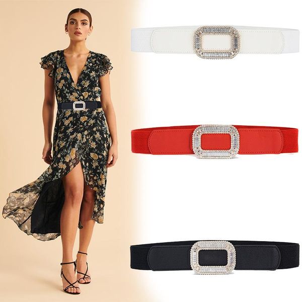 

belts girdle ladies rhinestone inlaid bubuckle elastic belt european and american style all-match girl dress, Black;brown