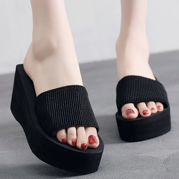 

new style sandals and slippers summer women's thick-soled women's sponge cake slippers slope heel beach shoes sandals non-slip, Black