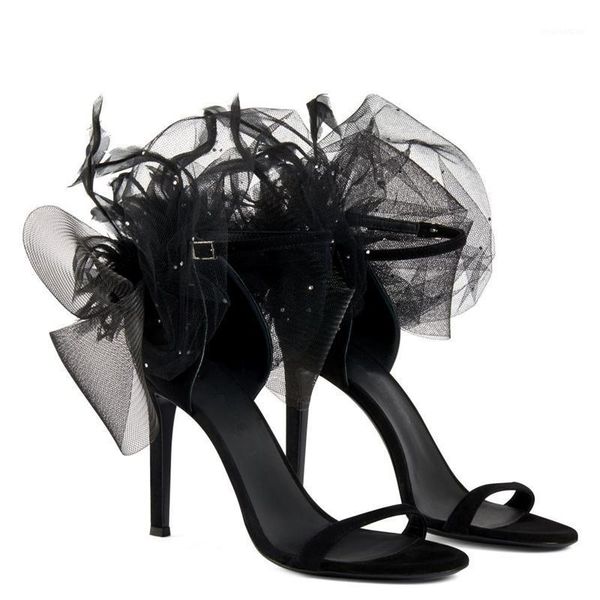 

sandals 2021 summer bowknot flower banquet dress stiletto heels female black all-match buckle fashion large size feather lace sandal1