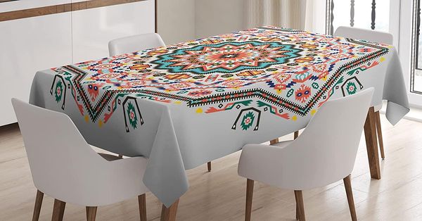 

table cloth abstract style themed boho sun pattern art print on greyscale background dining room kitchen custom cover