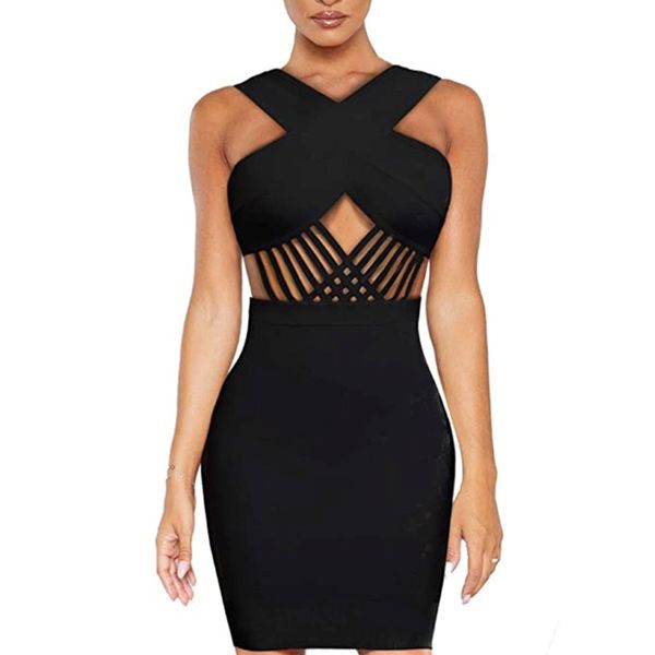 Mulheres Sexy Designer Hollow Out Black Bandage Party Dress Senhoras Encantador Mini Celebridade Night Club 210527