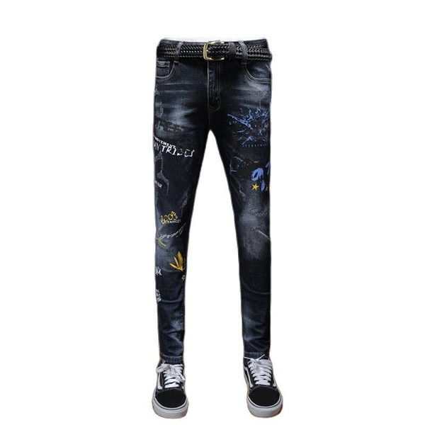 

men's jeans denim japanese retro spring autumn nightclub printed hip hop stretch streetwear cowboy long pants, Blue
