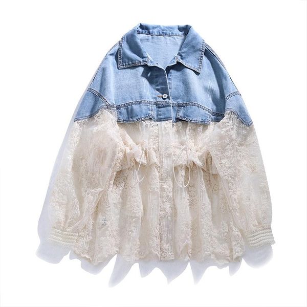 

women's jackets women lace denim patchwork jacket autumn see through long sleeve female coat loose casual ladies coats, Black;brown