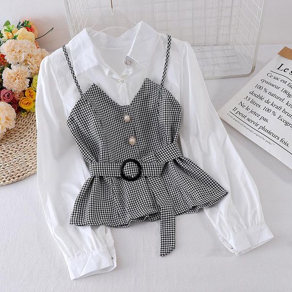

spring autumn women's shirt korean striped suspender solid color long-sleeved blouse new fake two-piece ll830, White