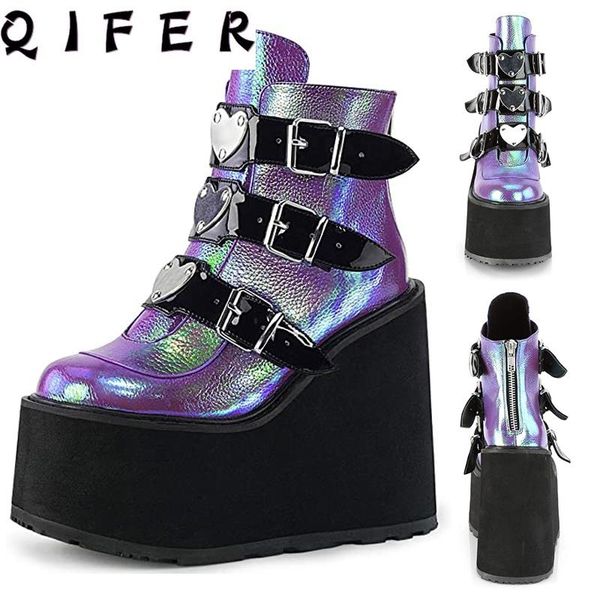 

dress shoes qifer winter women platform boots fashion thick bottom ankle wedges lace up buckle botas mujer, Black