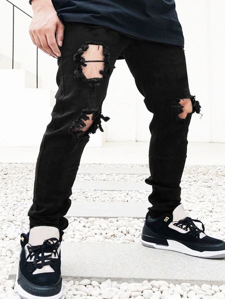 

men solid ripped straight leg jeans 58m2#, Blue