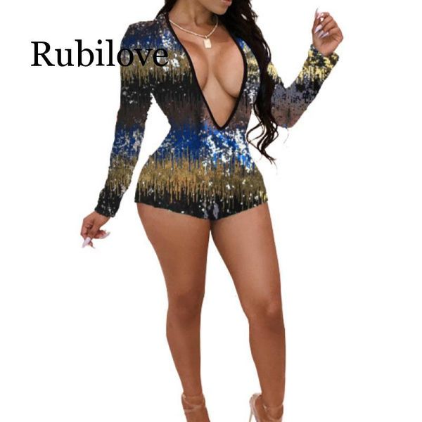 

women jumpsuits deep long sleeve v neck bodycon short rompers women night club party female body playsuit colorful sequined, Black;white