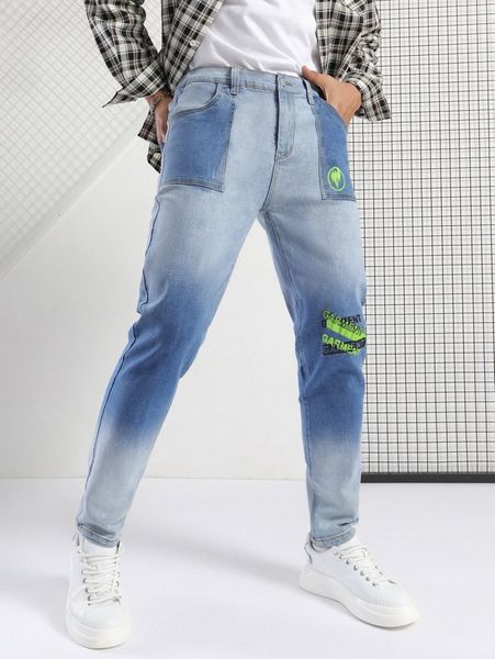 

men letter graphic slant pocket jeans y8a2#, Blue