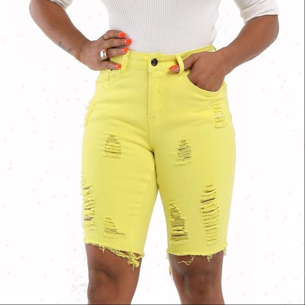 

new denim skinny ripped shorts women high waist distressed knee length stretch jeans slim shorts drop shipping, White;black