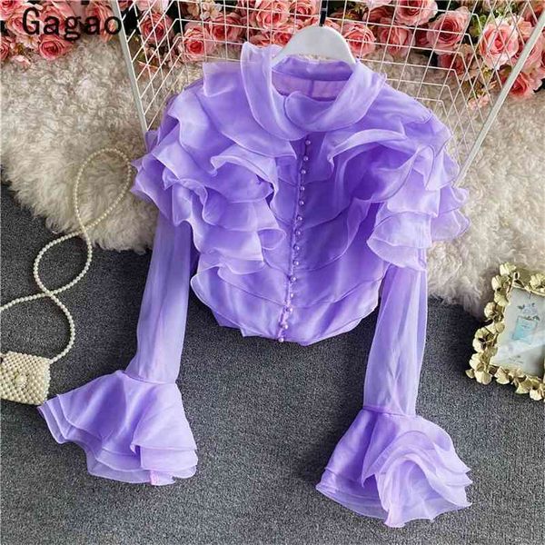 

women chiffon blouses spring autumn solid stand flare sleeve ruffles high street shirt chic fashion wild blouse 210531, White