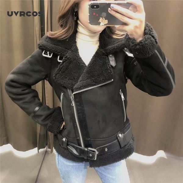 

uvrcos winter sheepskin coats women thicken faux leather fur coat female fur lining leather jacket warm clothes, Black