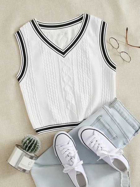 

varsity striped cropped sweater vest r54j#, White