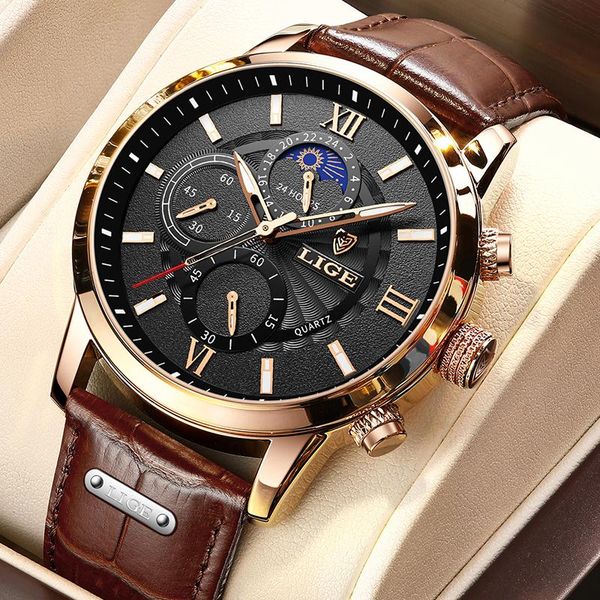 

wristwatches 2021 lige men's watches men wrist watch leather quartz sports waterproof male clock relogio masculino+box, Slivery;brown