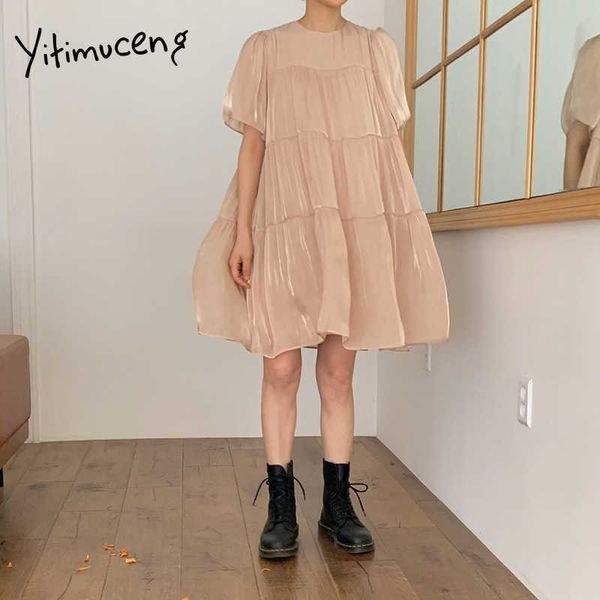 

yitimuceng ruched dresses for women oversize short sleeve loose waist o-neck pink clothes summer korean fashion dress 210601, Black;gray
