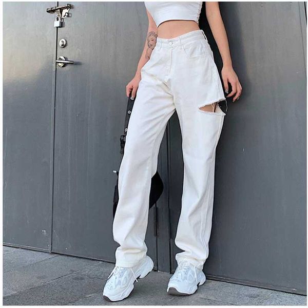 

spring and autumn women's jeans street style high waist new fashion design hole slimming female wide leg loose straight pants, Blue