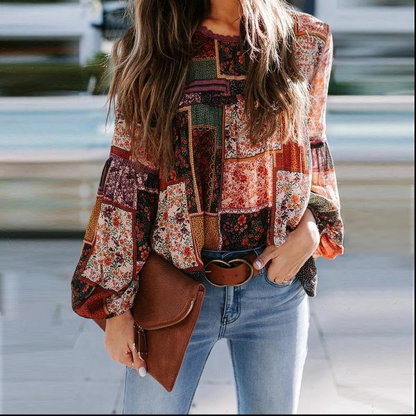 

bohemian floral print blouse womens fashion o neck puff long sleeve blouse shirt office lady loose plus size blusas xxl, White