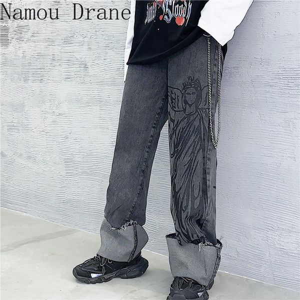 

women's jeans for women vintage grey loose high waist trousers cotton harajuku cartoon casual print denim, Blue