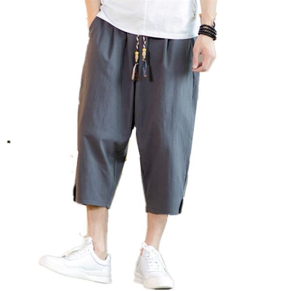 

2021 new summer black cropped trousers senior quality cotton linen long shorts for men harem pants casual short pants a103k61, White;black