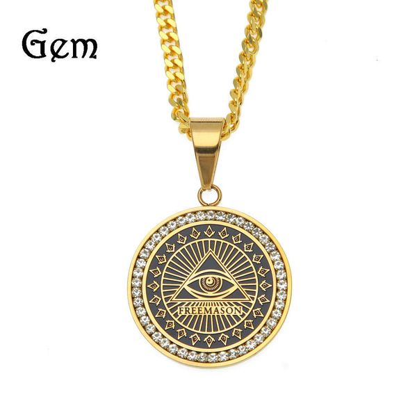 

nightclub rock hip hop ason horus eye pyramid round diamond army pendant, Silver