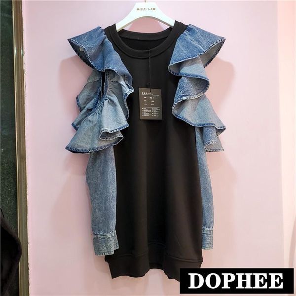 

women's hoodies & sweatshirts 2021 autumn pullovers fashion stitching denim hollow out shoulder ruffled sleeve sweatshirt streetwear s, Black