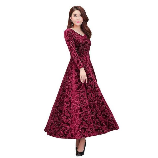 

casual dresses 2021 autumn winter v neck women gold velvet embroidery floral dress female slim long sleeve elegant plus size 3xl c80, Black;gray