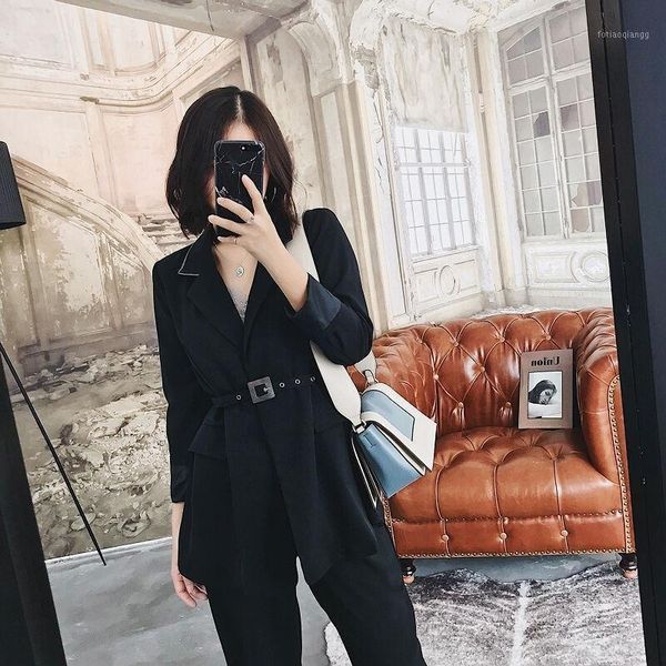 

women's tracksuits spring summer 2021 women fashion long sleeves belt blazer pants two pieces sets female korean casual office ladies s, Gray