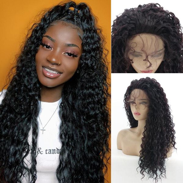 

synthetic wigs black curly long hair lace front wig 180% density easy install heat resistant fiber for women