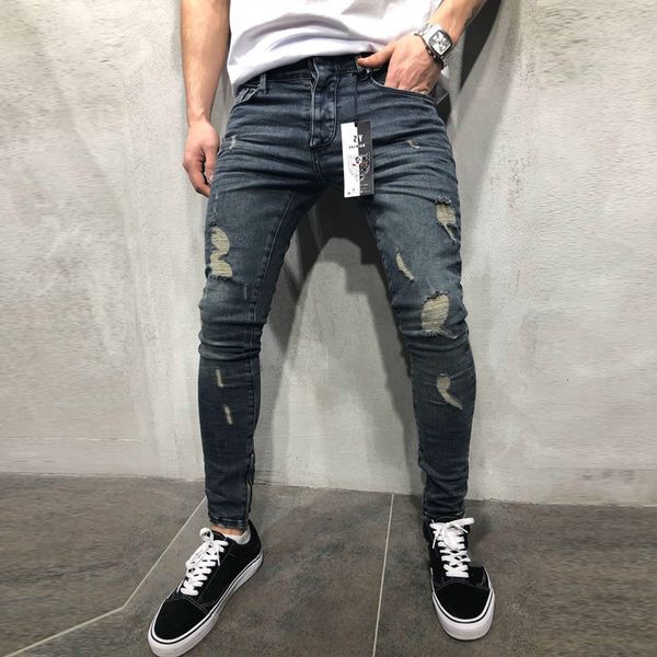 

2021 new slim spring long pencil pants ripped hole men's fashion thin ny jeans for men hiphop trousers clothes clothing la95 teg5, Blue