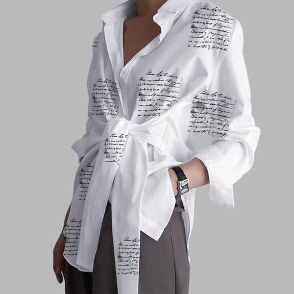 

2021 new women autumn long sleeve office blouse shirt casual lace up print shirts elegant lapel neck ol asymmetric blusas femininas 568, White