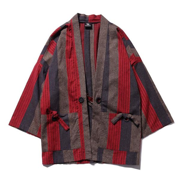 

men's jackets #4201 vintage striped short kimono cardigan jacket men big pockets loose japanese coat thin linen robe, Black;brown