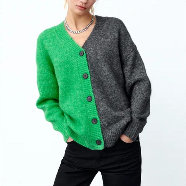 

women's knits & tees le luz patchwork knitted sweater cardigan y2k vintage women jumpers v-neck spring autumn warm ladies female knitwe, White