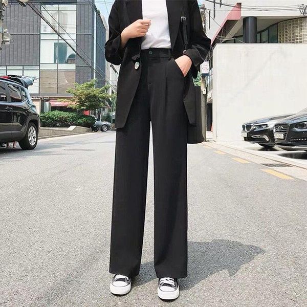 

women's pants & capris spring and autumn ladies ice silk light wide leg trousers girl solid color high waist loose wild straight casual, Black;white