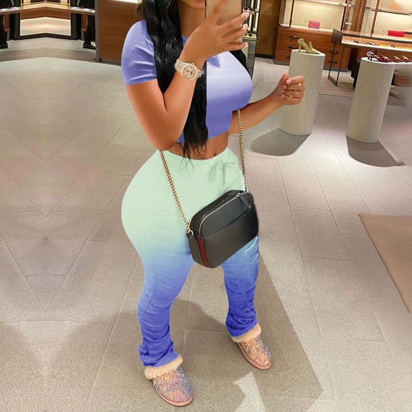 

adisputent gradient two piece set women tracksuit summer clother crop and stacked leggings pants 2 piece outfits sweat suits, Gray