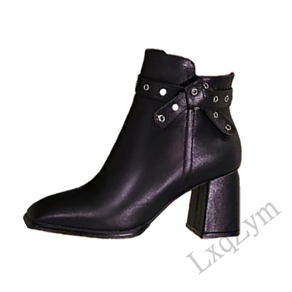 

boots solid color genuine leather square toe thick sole jazz for women strap studded spikes classic feminina high heels, Black