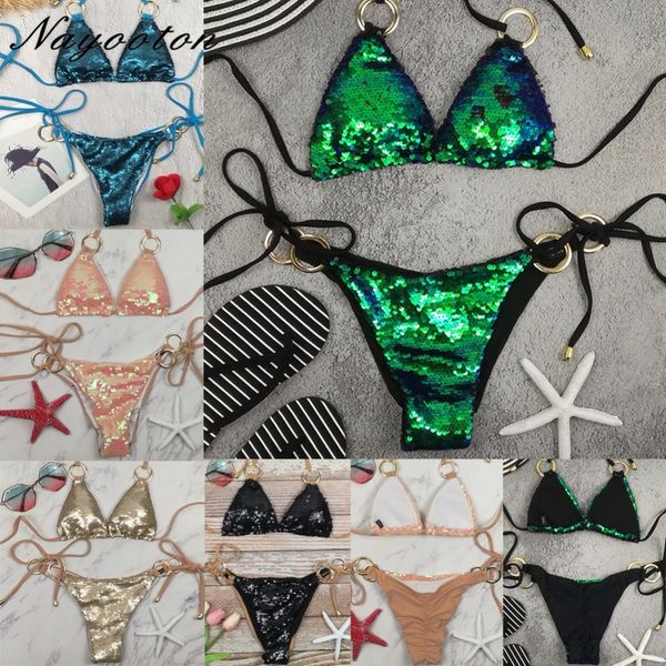 Nayooton mulheres brilhantes lantejould triângulo biquíni set sexy string beachwear cross high breaking maiô baixo cintura baixa maiô 210305