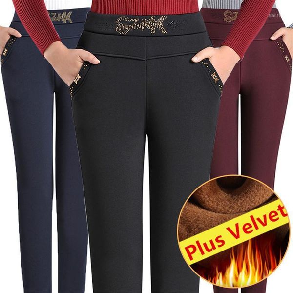 

women's pants & capris autumn winter middl aged women warm velvet elastic high waist casual straight female trousers plus size black p1, Black;white