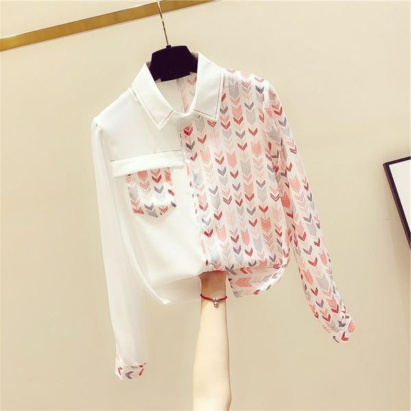 

stand collar spring autumn womens patchwork shirt office lady retro printed shirt women loose fashion long sleeved shirt woman gd275, White