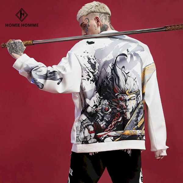 

male national tide chinese hoodie loose size big brand hip hop jacket in wop1, Black