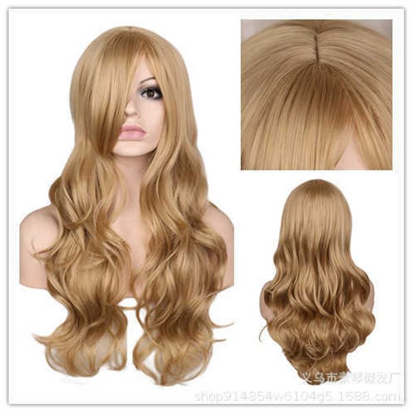 

commodity golden long curly hair women's wig, Black