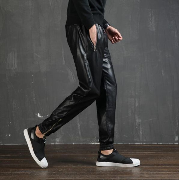 

pantalones de piel para hombre faux leather pants mens harem pants elastic waist motorcycle pu trousers for men black autumn