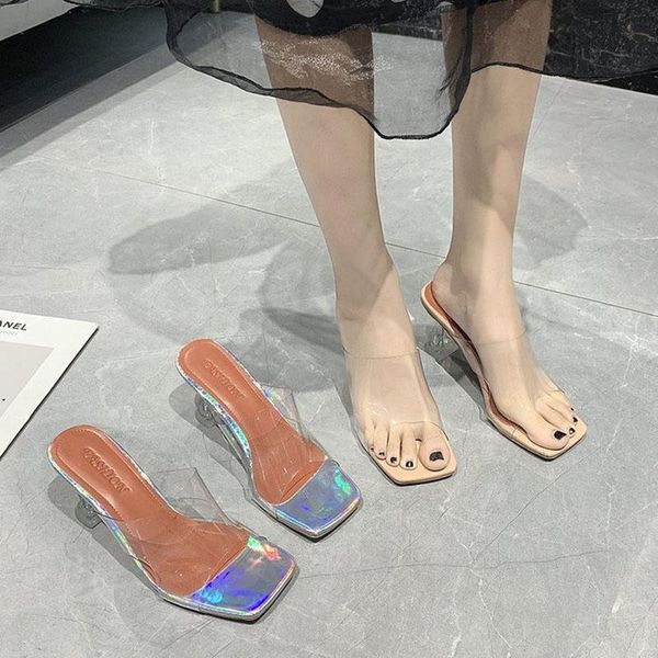 

transparent sandals women open toe dazzle color high heels slippers clear band sandalias mujer perspex heeled slides shoes woman, Black