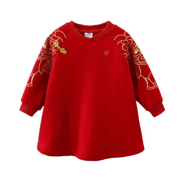 2021 Winter 2 3 4 5 6 7 8 9 10 12 Jahre Stickerei Rot Ethnische Verdickung Traditionelle Chinesische Neujahr Stil Kleid für Kinder Mädchen G1218